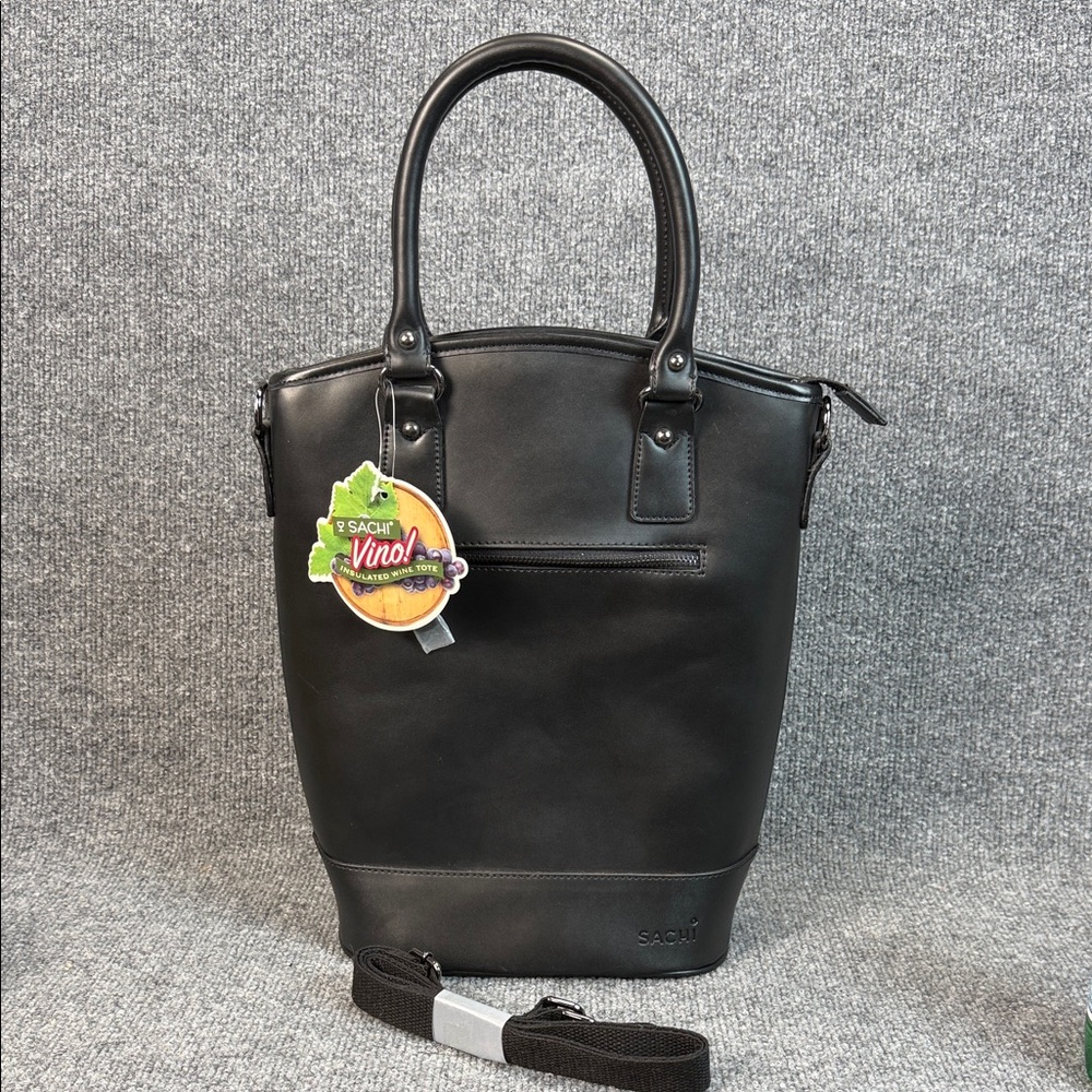 SACHI Insulated Black Leather Wine Tote